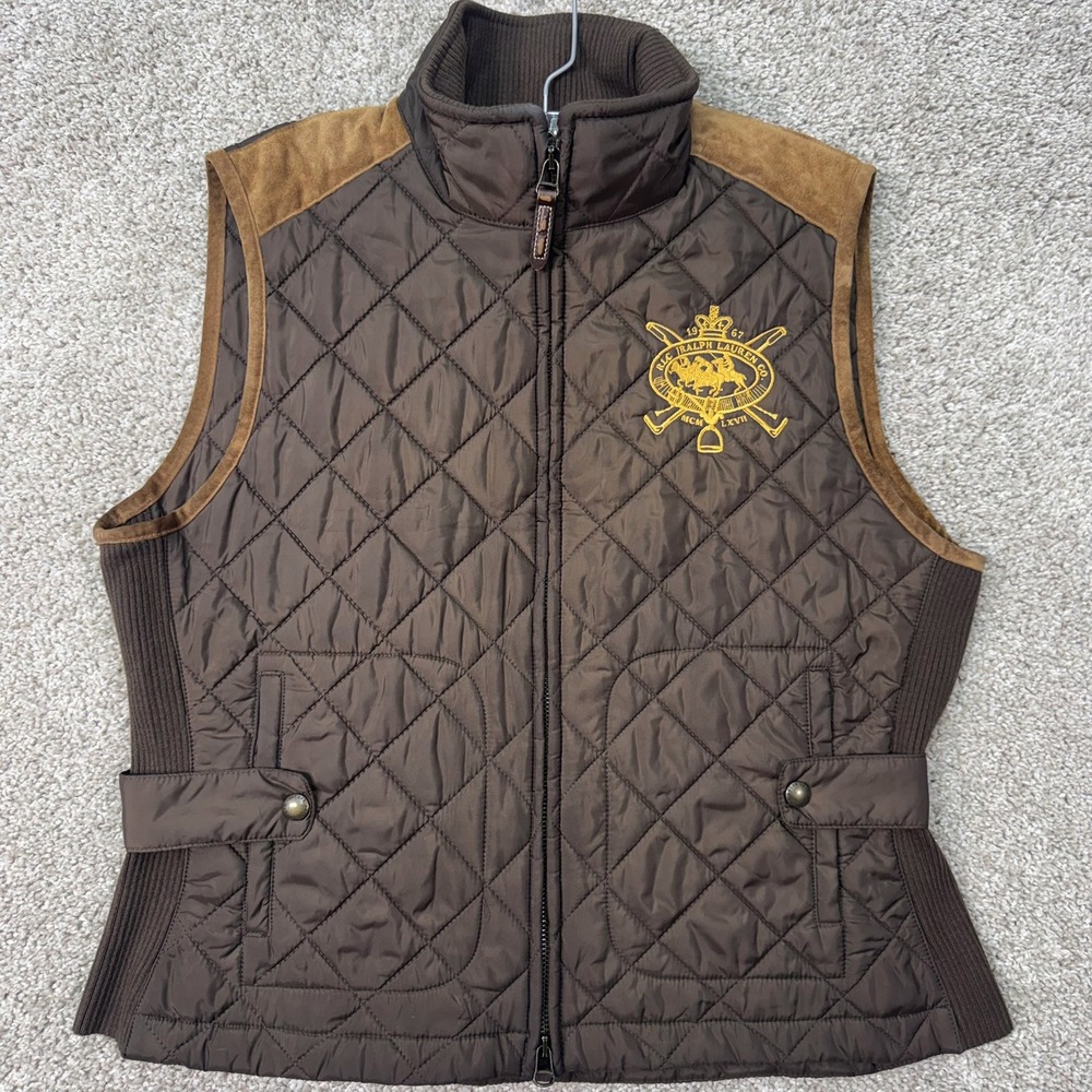 Ralph Lauren Sport Vest Womens XL Quilted Brown Crest Leather Trim EUC